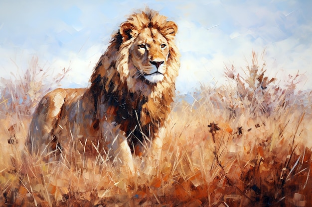 Hermosa pintura de un león macho descansando en medio de la pradera Animales salvajes Ilustración Generativa AI