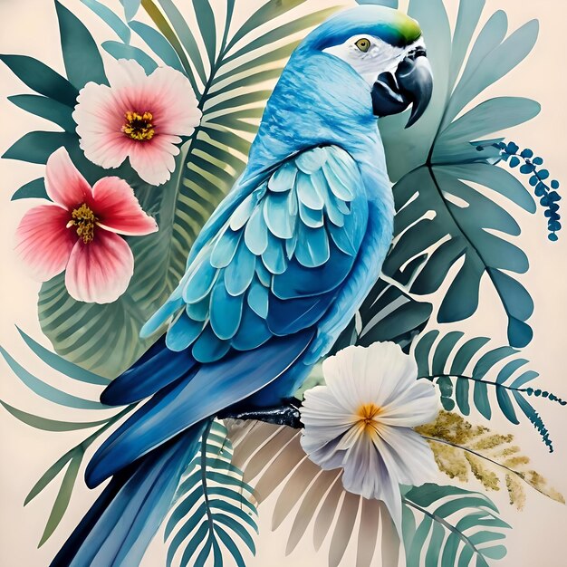 Una hermosa pintura de un loro azul con flores