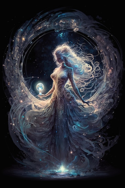 Una hermosa pintura de una mujer con vestido hecha de elementos cósmicos