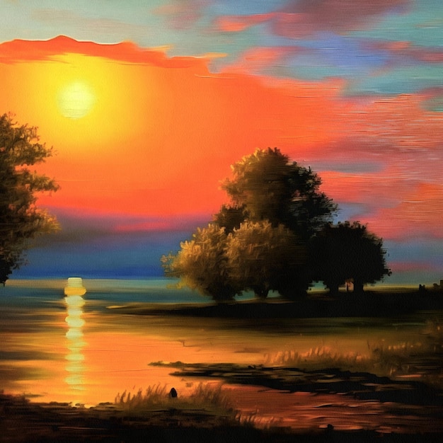 Hermosa pintura de paisaje abstracto con puesta de sol naranja brillante sobre lienzo de papel IA generativa