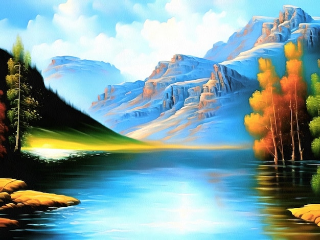 Hermosa pintura de paisaje natural sobre lienzo de papel AI generativa