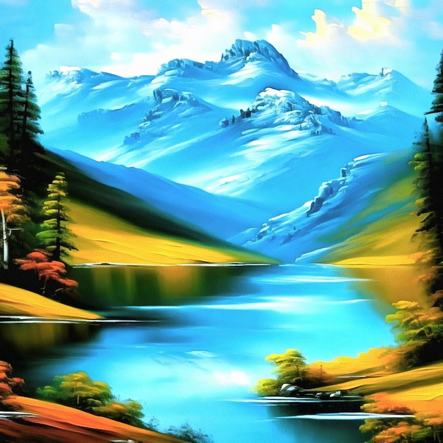 Hermosa pintura de paisaje natural sobre lienzo de papel AI generativa