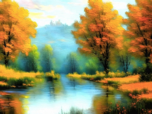 Hermosa pintura de paisaje natural sobre lienzo de papel AI generativa