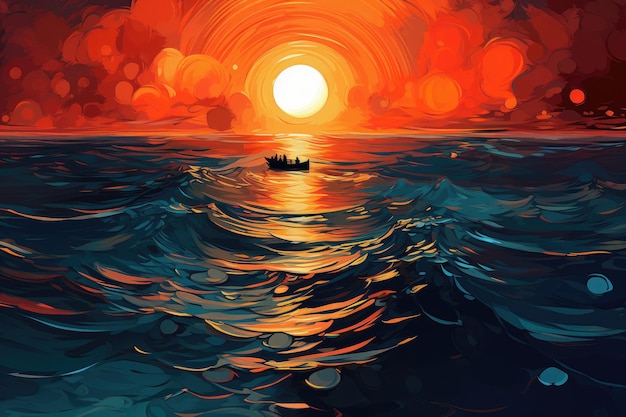 Esta hermosa pintura representa un barco navegando con gracia en el océano durante una cautivadora puesta de sol Crear una representación abstracta de un sol naranja hundiéndose en el mar azul AI generado