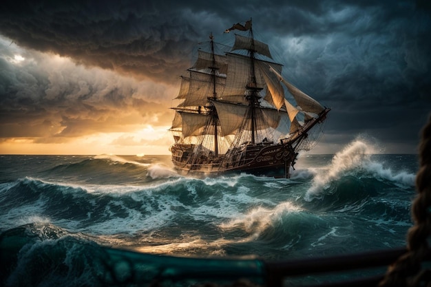 Hermosa pintura rococó épica de una vista al nivel del agua de oleajes turbulentos de una violenta tormenta oceánica d
