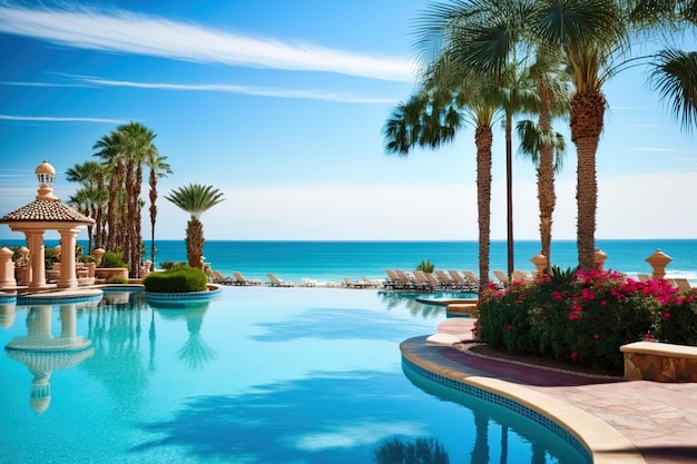 Hermosa piscina en un hotel elegante.