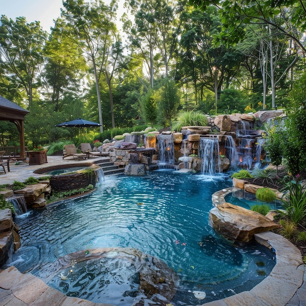 Foto una hermosa piscina natural con una cascada y rodeada de árboles y vegetación