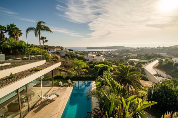 Foto una hermosa piscina con palmeras en el fondo ai generativa