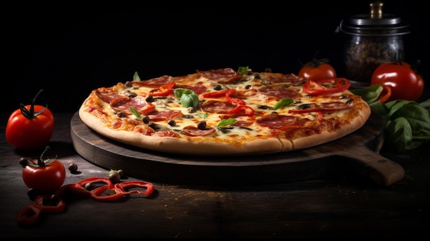 Una hermosa pizza italiana tradicional en la mesa oscura