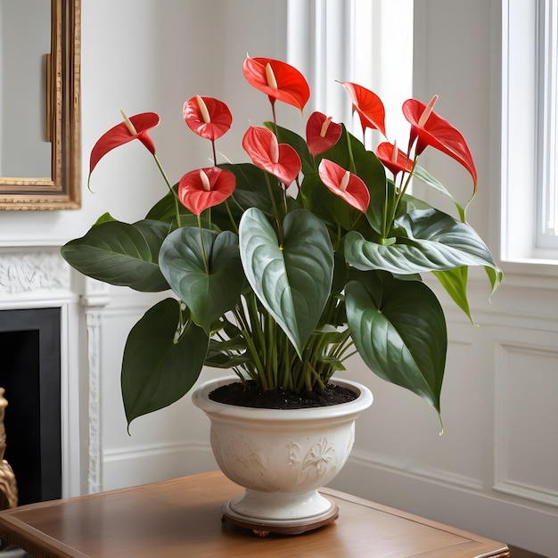 Una hermosa planta de Anthurium en maceta en una habitación de estilo clásico