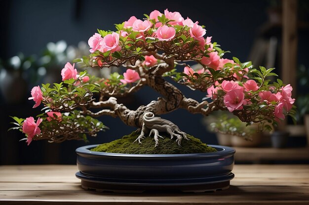 La hermosa planta de azalea en maceta es un árbol de flores de bonsai