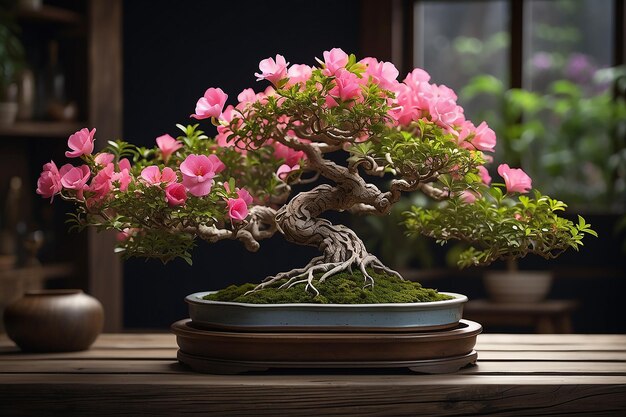 La hermosa planta de azalea en maceta es un árbol de flores de bonsai