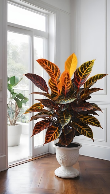 Una hermosa planta de Croton en una habitación de estilo clásico