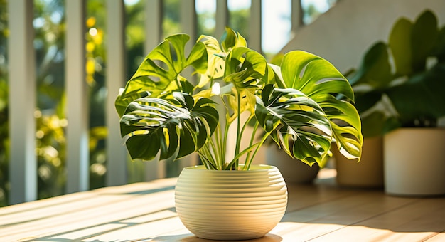 una hermosa planta de monstera se sienta en una mesa blanca