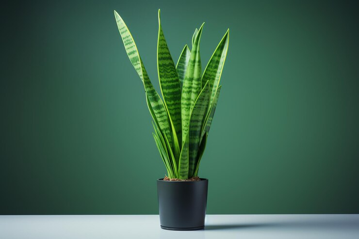 Una hermosa planta de serpiente en una olla negra en una mesa blanca contra un fondo verde