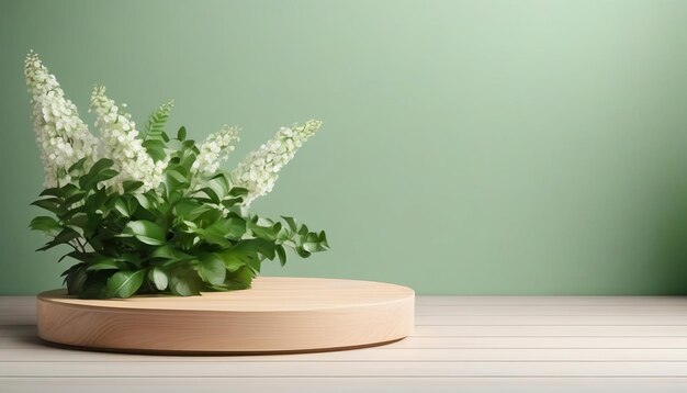 Hermosa plantilla natural brillante para la presentación del producto en forma de pedestal o podio de madera