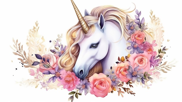 Hermosa plantilla de tarjeta de unicornio con corona floral AI generativa