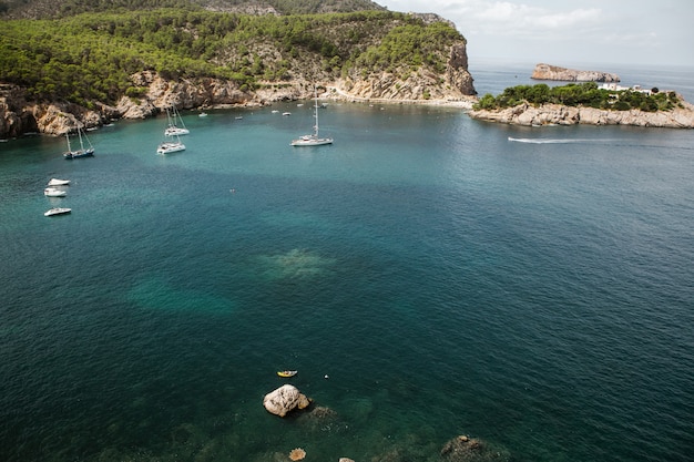 Hermosa playa con agua muy limpia y azul en el mar mediterráneo en la isla de Ibiza