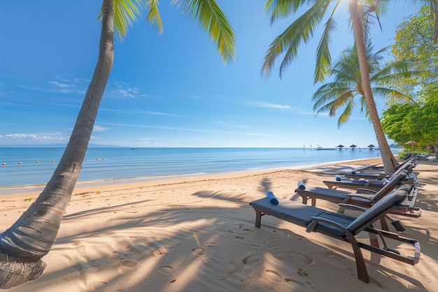 Una hermosa playa de arena abierta con camas de playa concepto de verano