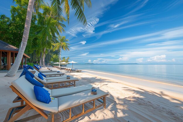 Una hermosa playa de arena abierta con camas de playa concepto de verano