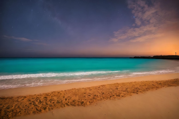 Hermosa playa de arena al atardecer arte generativo de AI