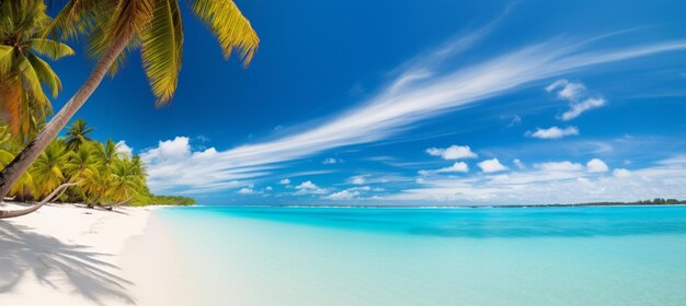 Hermosa playa con arena blanca, océano turquesa, cielo azul con nubes y palmeras sobre el agua