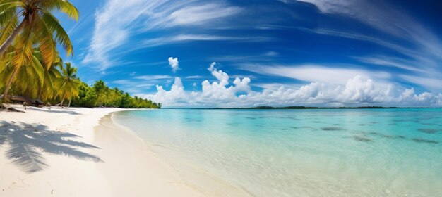 Hermosa playa con arena blanca, océano turquesa, cielo azul con nubes y palmeras sobre el agua