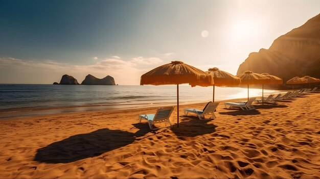 Una hermosa playa de arena tropical con la noche hora dorada puesta de sol deslumbrante y algunas sillas de paraguas playa acantilado de montaña en el fondo bueno para el fondo y telones de fondo playa de verano