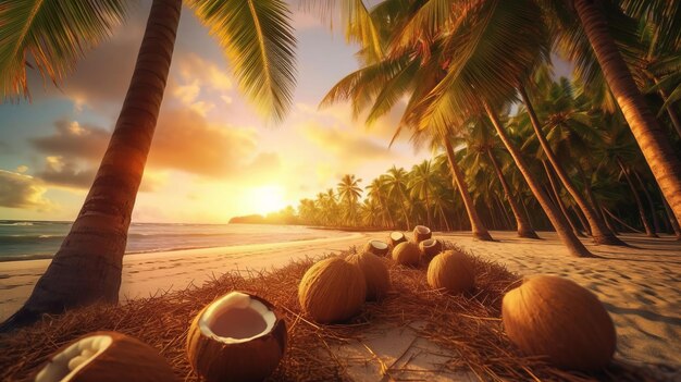 Una hermosa playa con cocoteros al atardecer IA generativa