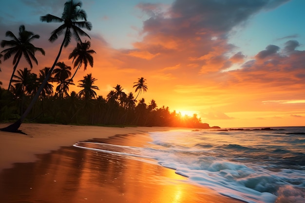 Una hermosa playa con cocoteros al atardecer