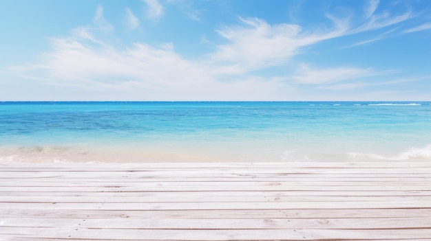 Hermosa playa con embarcadero de madera y un pequeño árbol en Maldivas