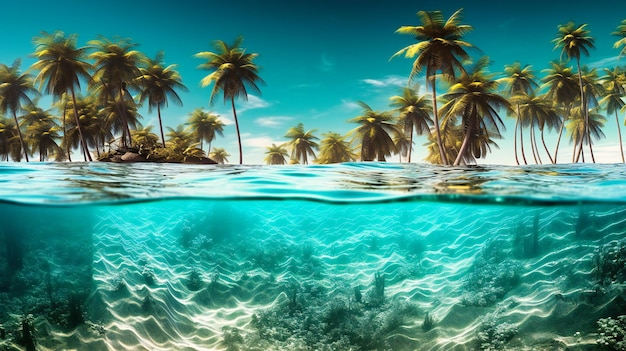 Una hermosa playa flotante con cocoteros a lo largo de la costa