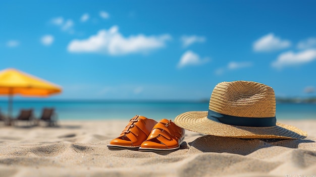 Hermosa playa con gafas y sombrero en la playa.