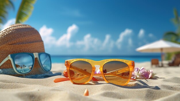 Hermosa playa con gafas y sombrero en la playa.