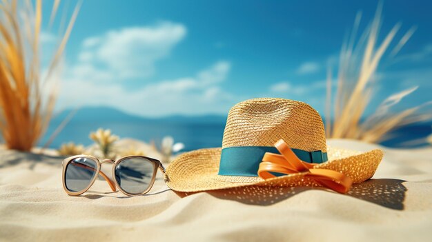 Hermosa playa con gafas y sombrero en la playa.