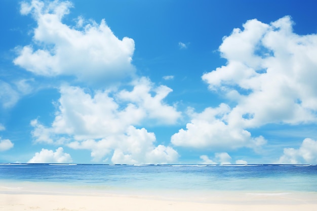 Hermosa playa y mar tropical bajo el cielo azul con nubes blancas
