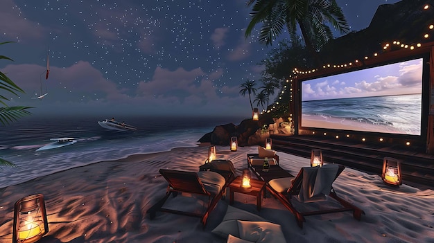 Una hermosa playa por la noche con un cielo estrellado y una luna llena Hay una plataforma de madera en la playa con una pantalla de proyector y algunas sillas