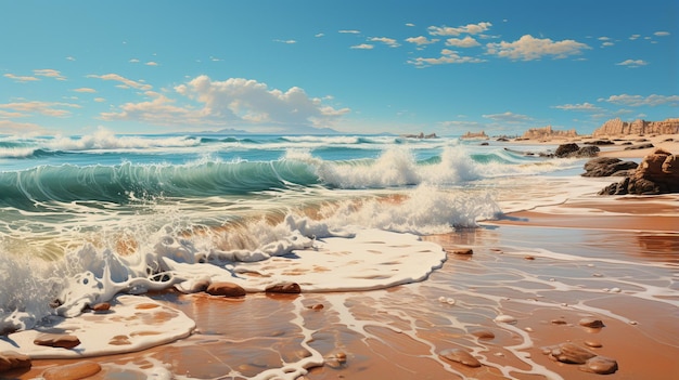 Foto hermosa playa con olas de mar y cielo azul