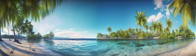 Hermosa playa con palmeras y mar turquesa Arte Océano de vacaciones de verano con isla en el fondo IA generativa
