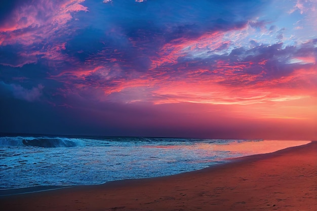 Hermosa playa puesta de sol coloridas nubes y olas