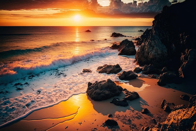 Hermosa playa con un sol poniente