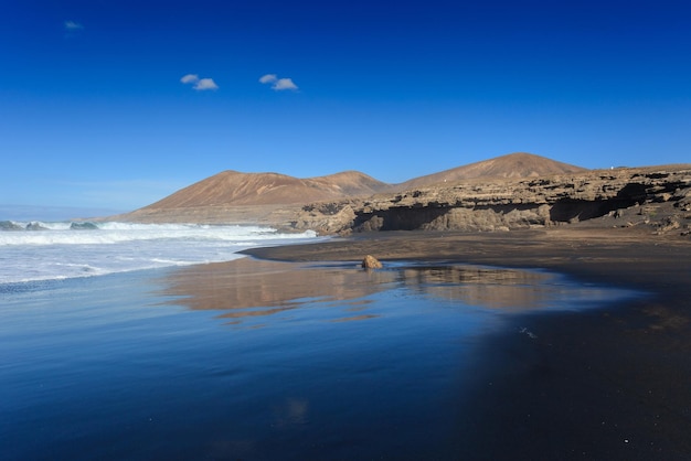 hermosa playa de suelo volcánico negro con reflejos en la arena en el sur de Fuerteventura