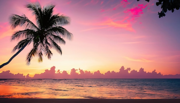 Hermosa playa tropical al atardecer con palmeras y cielo rosa