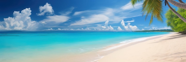 Hermosa playa tropical con arena blanca y océano turquesa sobre fondo azul cielo con nubes