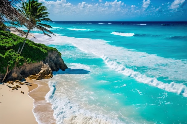 Hermosa playa tropical junto al agua con olas enormes