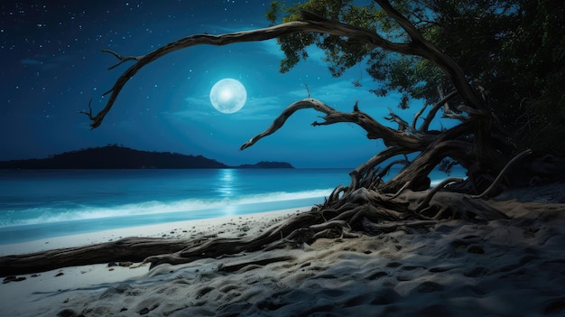Hermosa playa tropical por la noche con luna llena y cielo estrellado