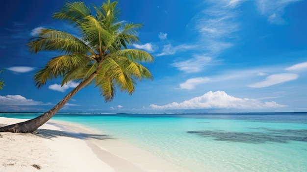 Hermosa playa tropical con palmeras, arena suave, cielo azul y mar tranquilo