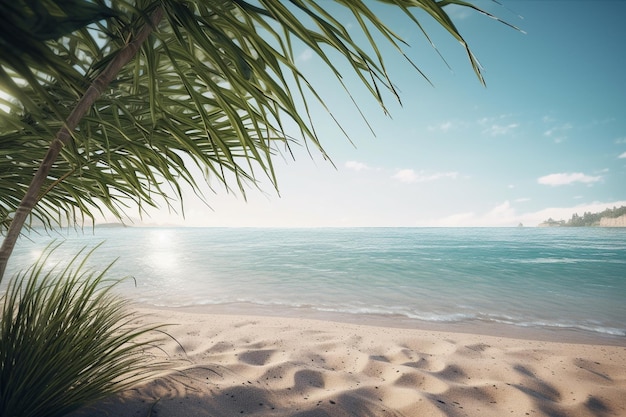 Hermosa playa tropical con palmeras de coco y ai generativo de filtro skyvintage azul