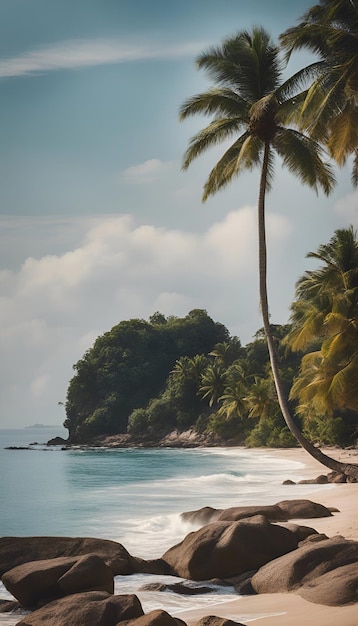 hermosa playa tropical con palmeras y rocas de granito Seychelles estilo retro