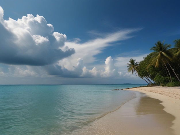 hermosa playa tropical vacía mar océano con nubes blancas en el fondo del cielo azul